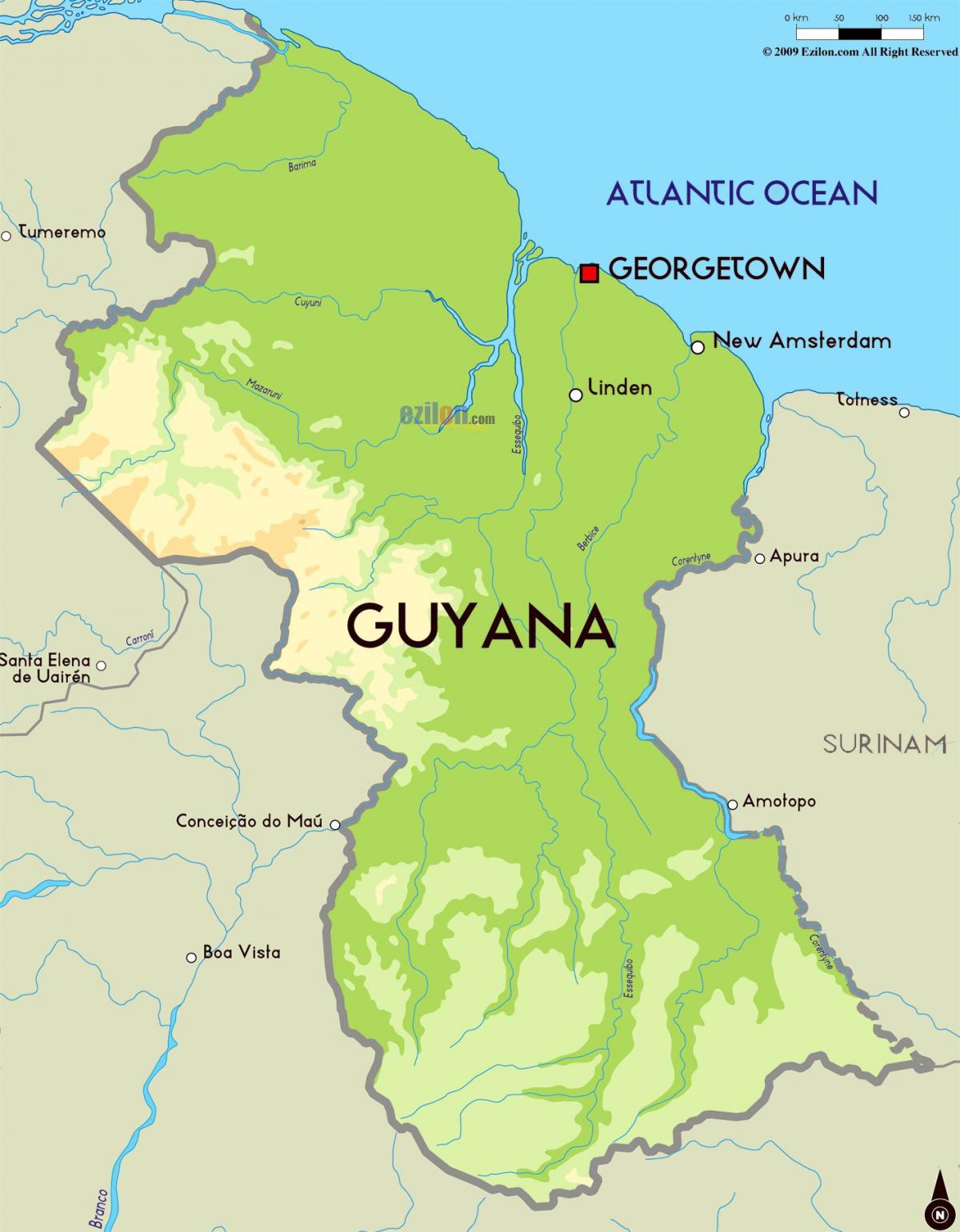 harta fizică, harta Guyana