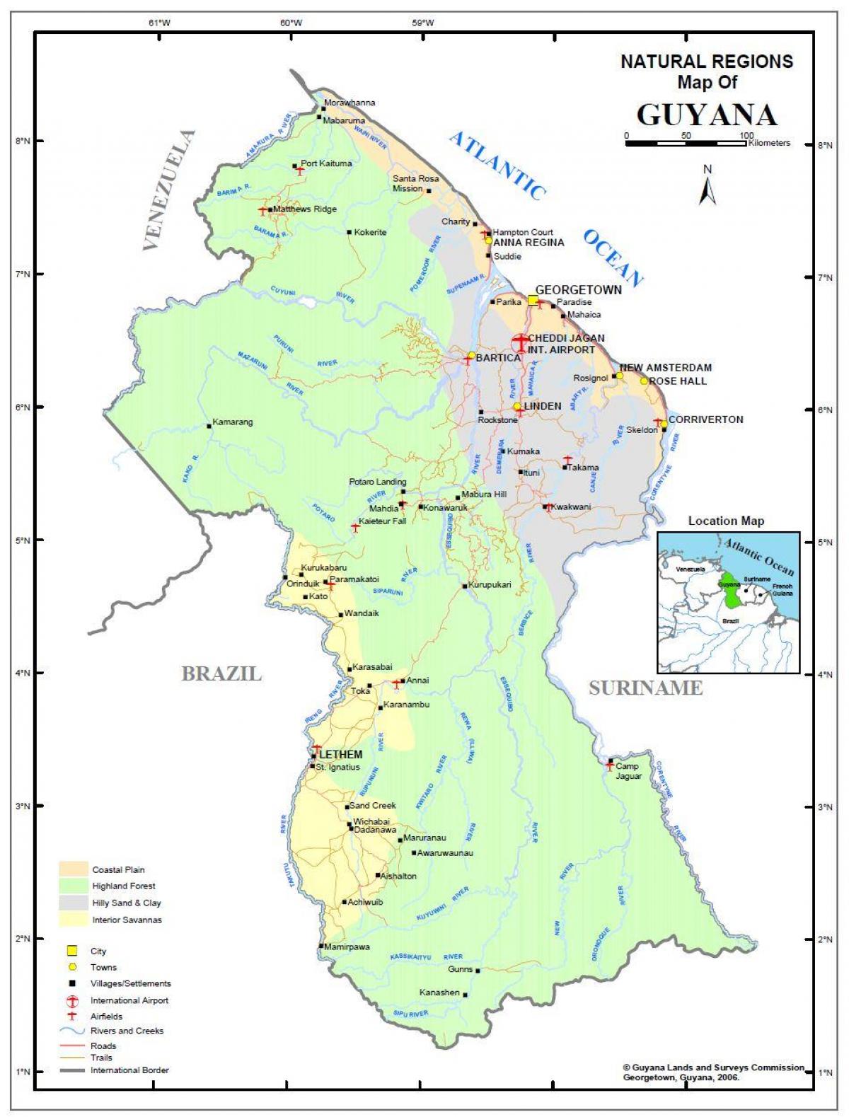 harta Guyana arată cele 4 regiuni naturale