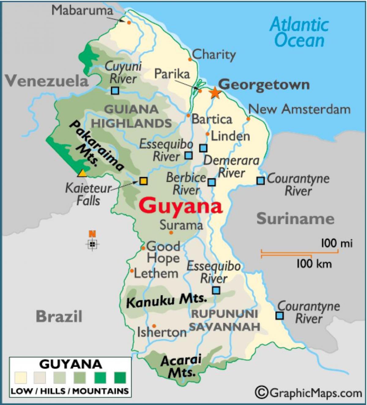 harta Guyana arată lanțuri muntoase