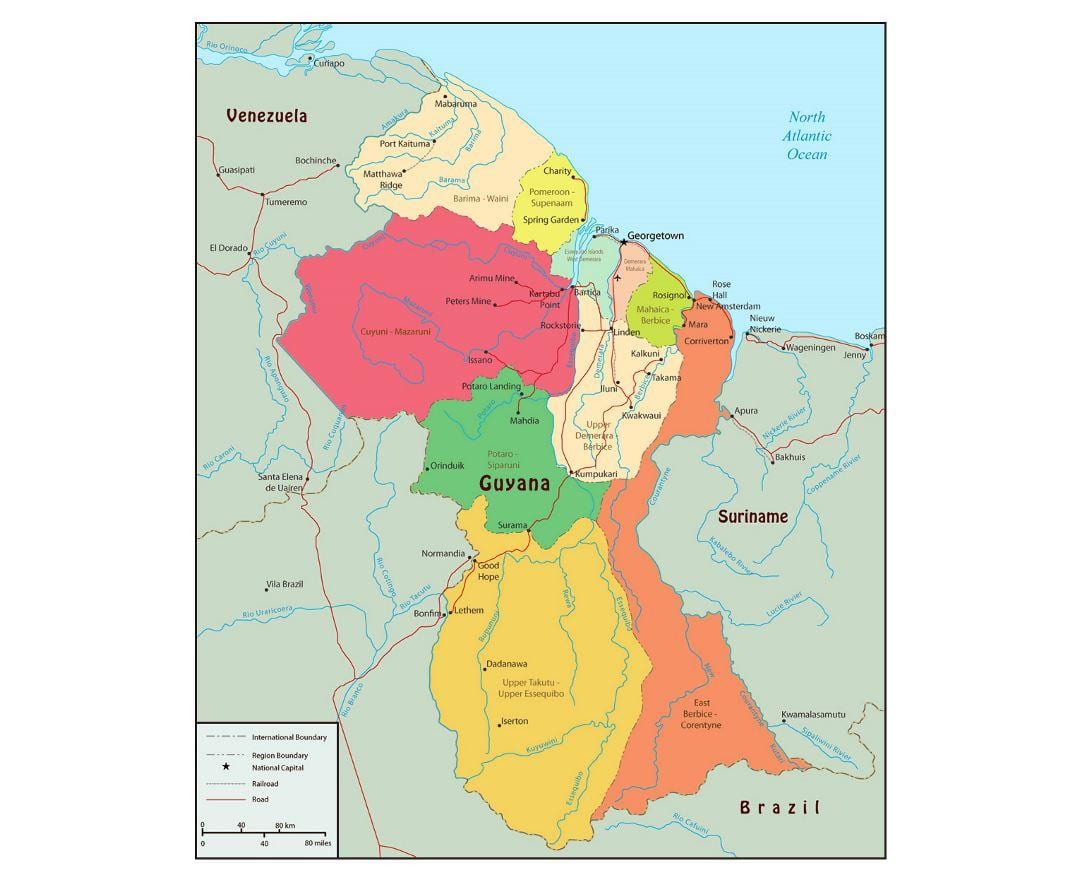 harta Guyana arată 10 regiuni administrative