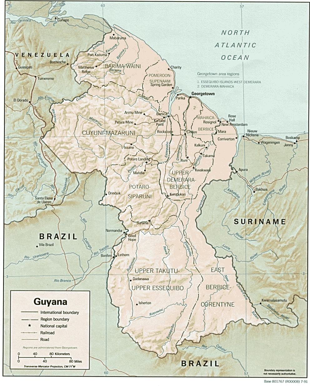 harta Guyana arată cele trei județe