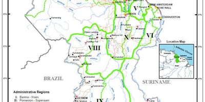Harta Guyana arată cele zece regiuni administrative